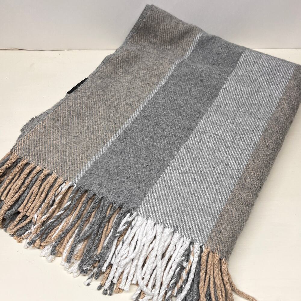 Woolsaur Grey Striped Wool Throw Blanket with Fringed Edges